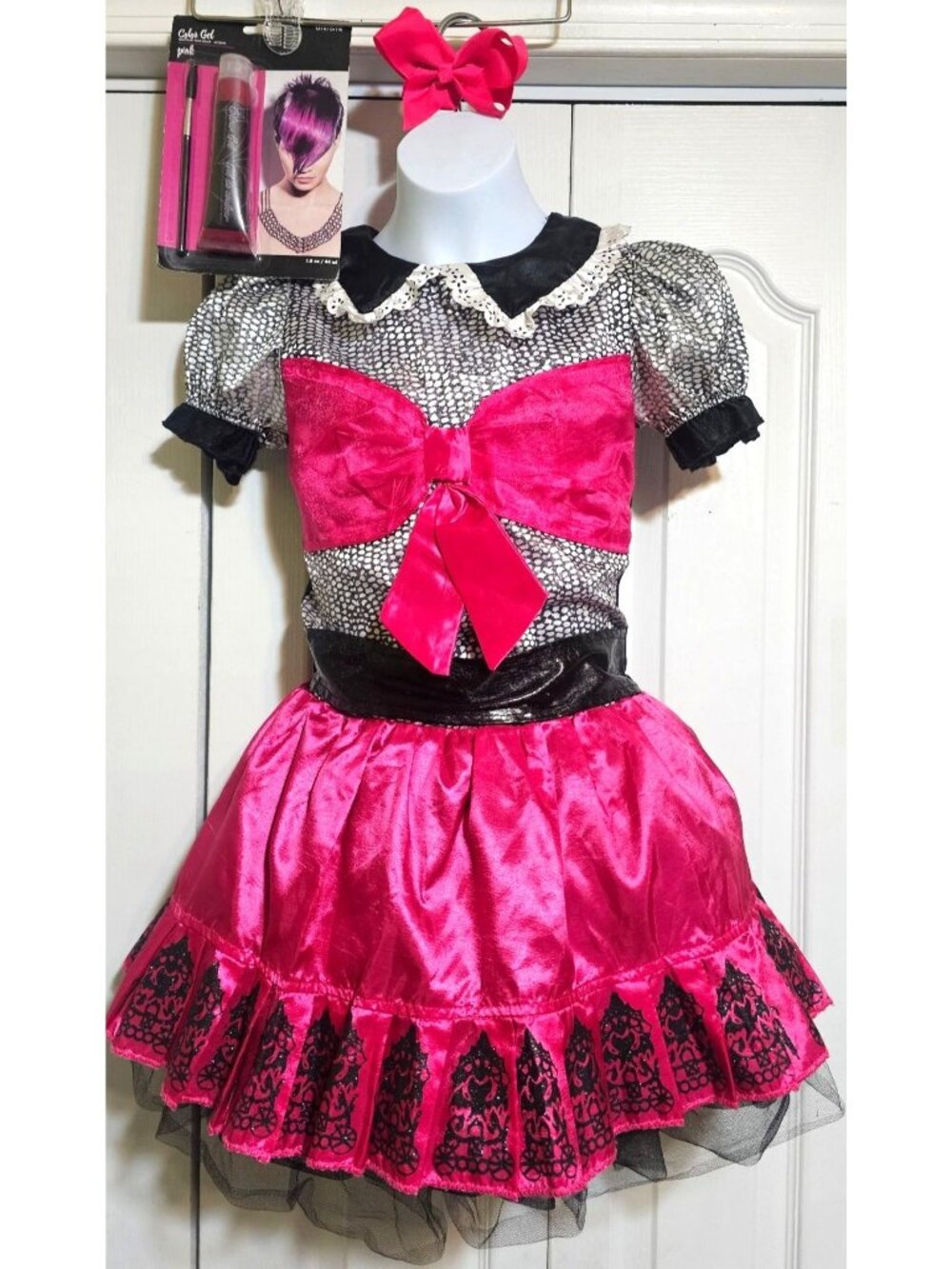 Monster High Draculaura Picture Day Girls Costume Dress Tutu Pink Bow Hair Gel
